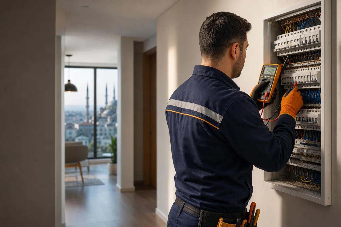 Elektrik güvenliği için panoda ölçüm yapan profesyonel elektrik ustası