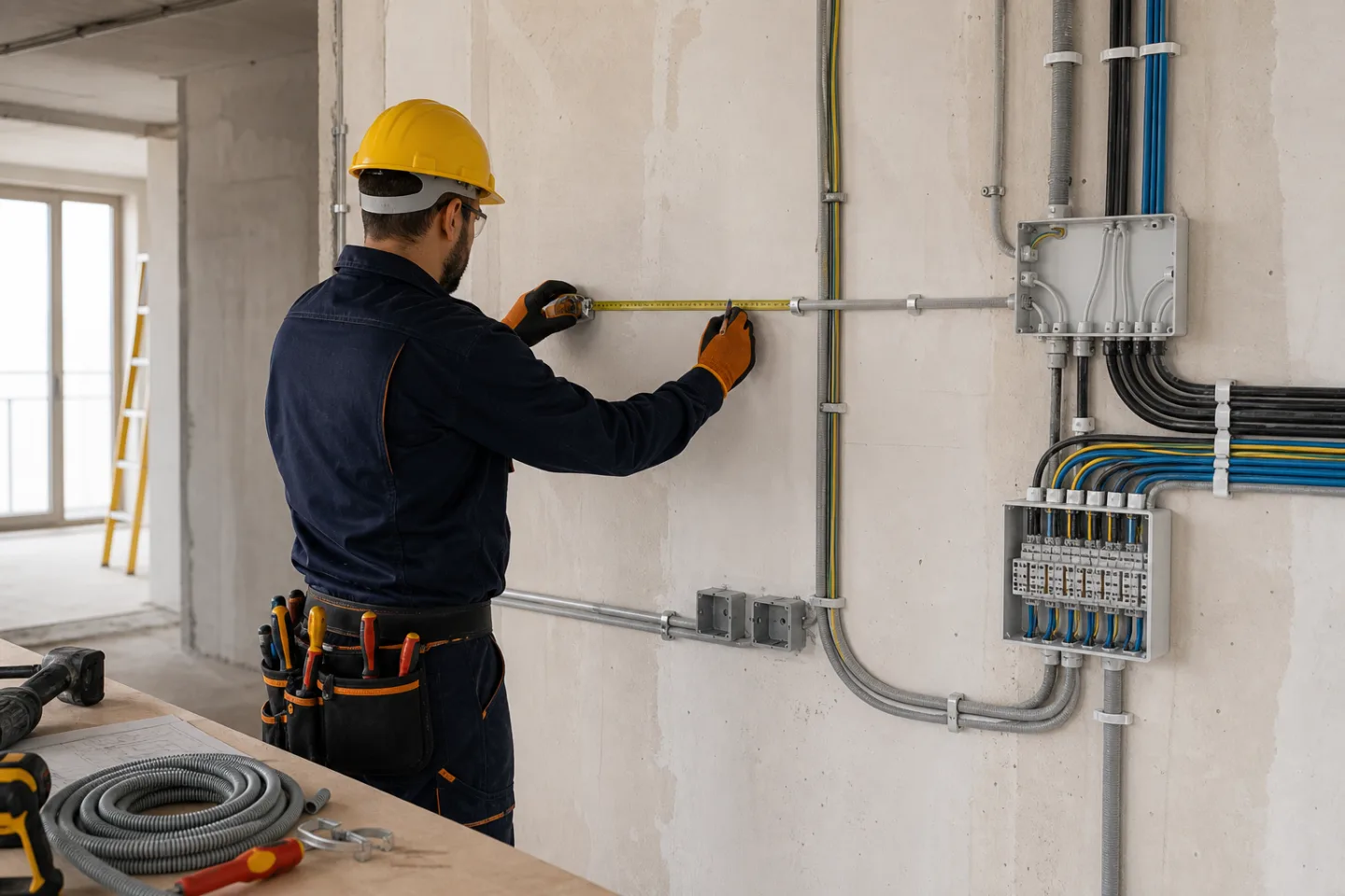 Tadilat alanında yeni elektrik borusu ve kablo hatlarını ölçerek düzenleyen elektrik ustası